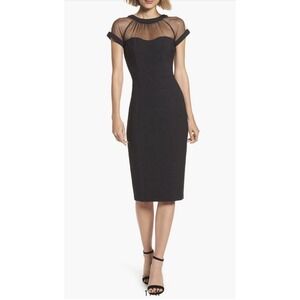 MAGGY LONDON Mesh Illusion Sheath Dress 6 Navy Classic Elegant Cocktail